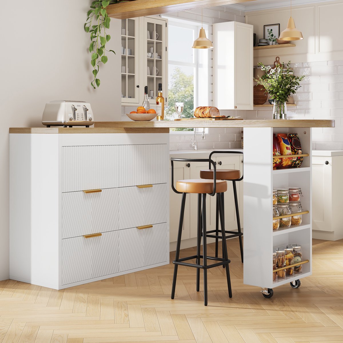 MODENUIT Bartafel - Draaibaar Met 6 Laden En Opbergruimte - Voor Keuken En Woonkamer - Wit - 128-203x39x90 Cm