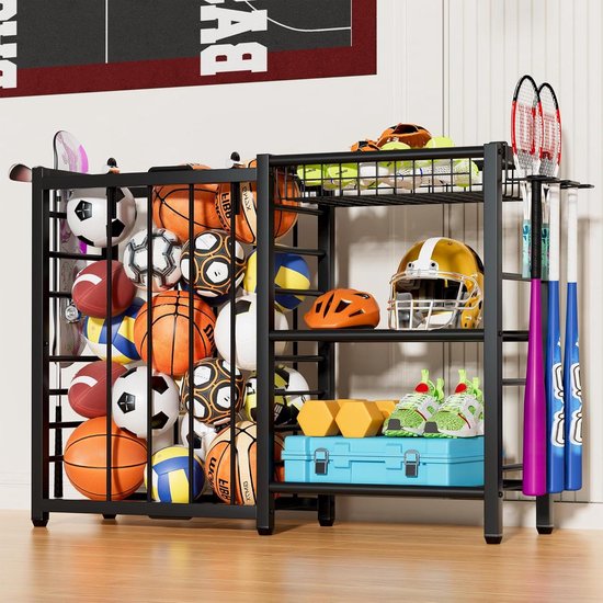 Rack de basquete com rodas, preto 4-tier, de ferro, para bolas com rodas, fácil