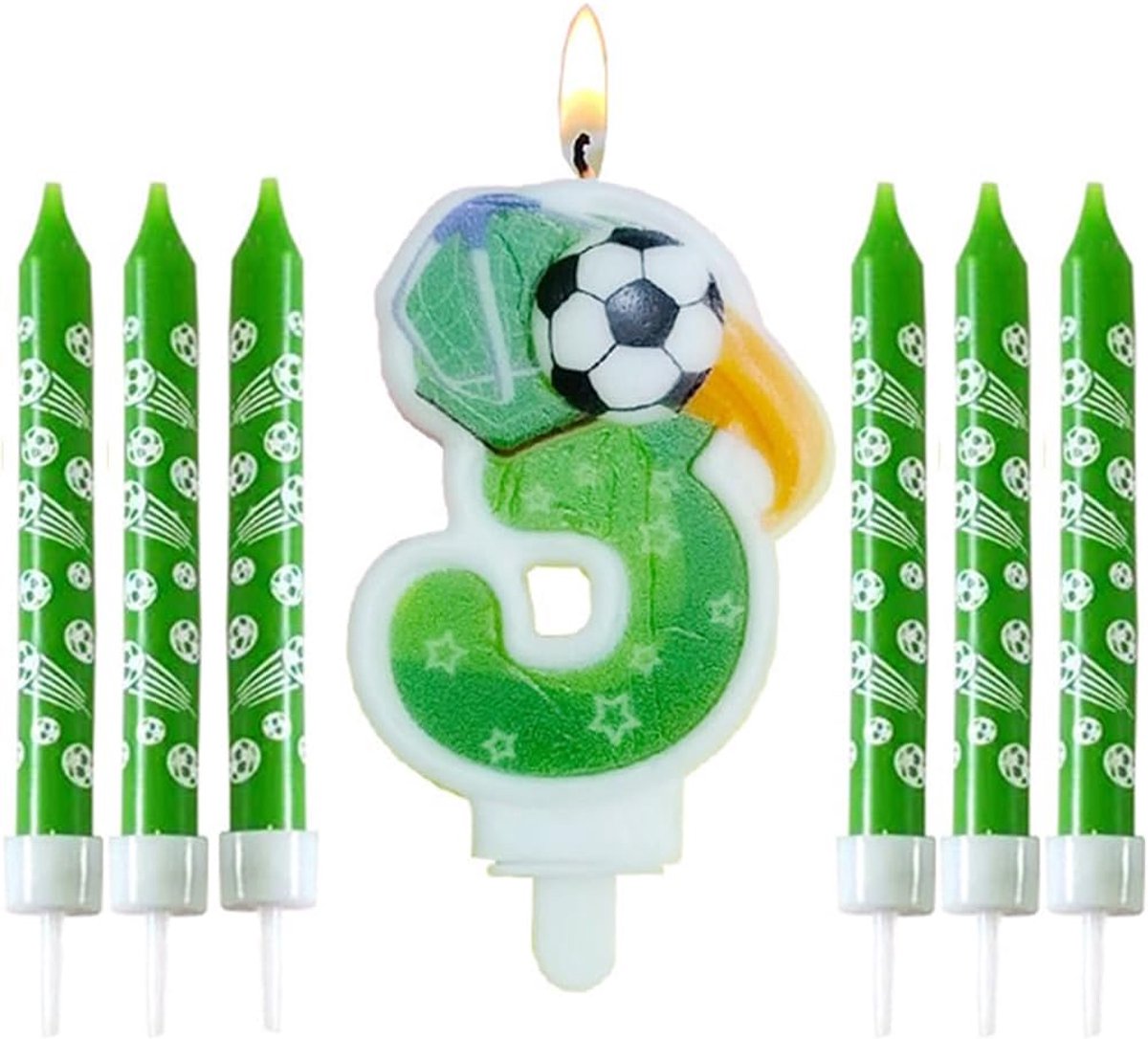 Verjaardagskaarsen - 3 Voetbal Verjaardagscijfers - Groene Nummer Taartkaarsen met 6 Verlengstangen - Feestdecoraties voor Kinderen Jongens Meisjes Verjaardagsdecoratie Feest