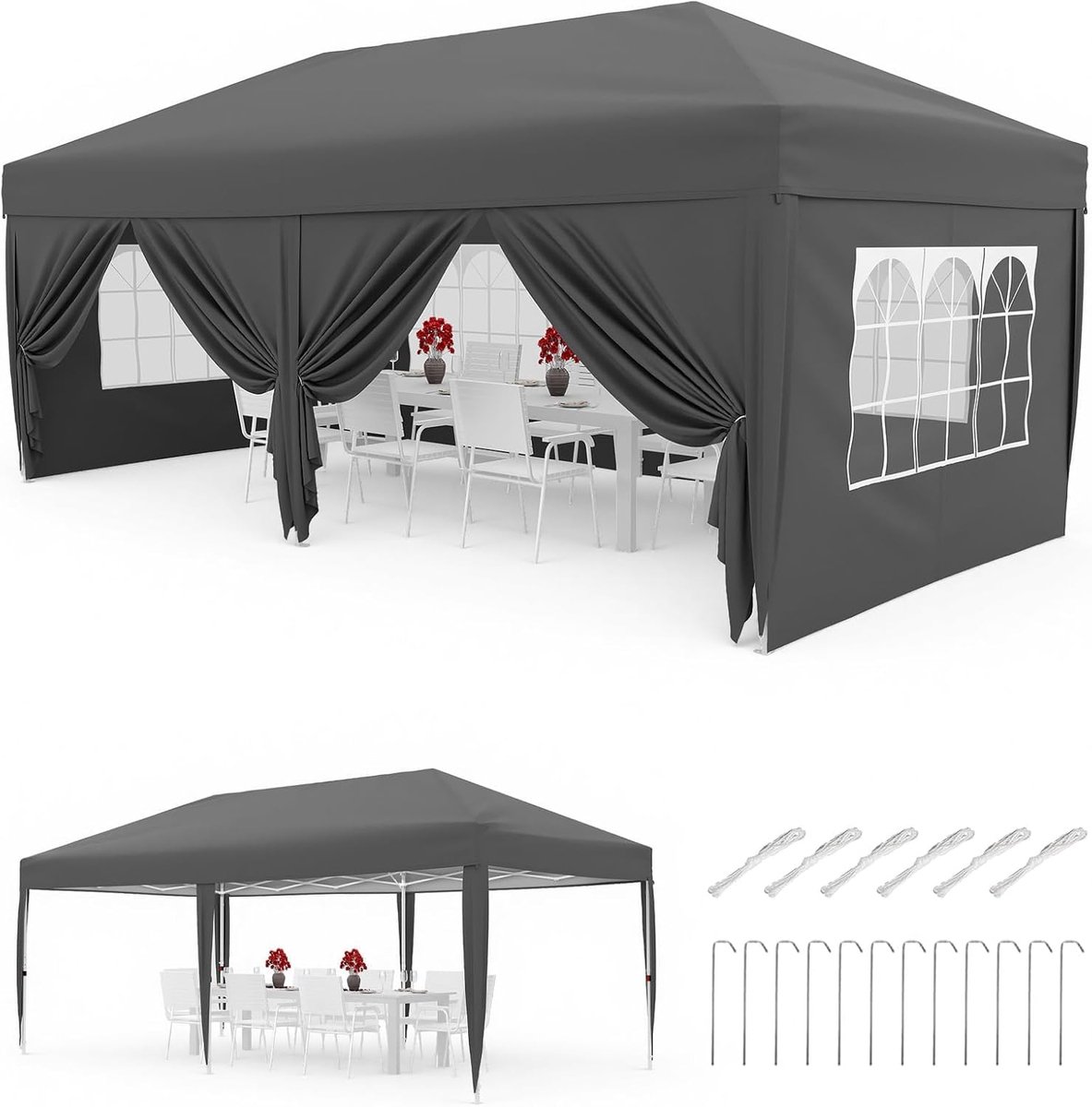 Opvouwbare 3x6m Partytent met 6 Zijwanden – Waterdicht & UV50+, in 3 Hoogtes Verstelbaar – Verstelbare Pop-up Luifel 420D Oxford met Draagtas – Grijs