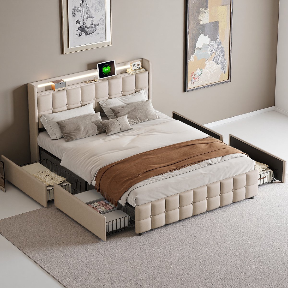 ROSAHQNDA Tweepersoonsbed 180x200cm met LED-verlichting, USB-poorten, 4 opberglades, gestoffeerd linnen hoofdbord, modern en populair, voor jongeren/volwassenen, linnen stof, beige