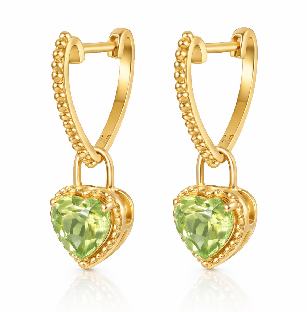 WK 925 sterling Zilver Verguld met 18K GoudHartvormige Peridoot Oorknopjes – 20*6.6mm - Groene Edelsteen met Bolletjesrand, Elegant Design, Inclusief Geschenkdoos