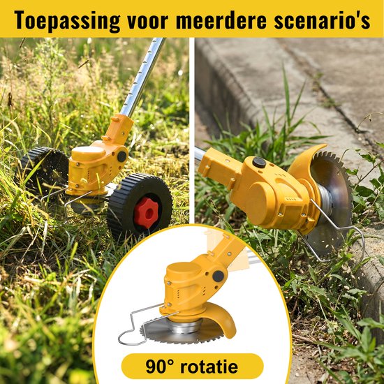 CONENTOOL 5-in-1 Accu Grastrimmer 21V 650W - Draadloze Grasmaaier met Hulpwielen - Incl. 2 Accu's - Geel van Merkloos	 — afbeelding 5