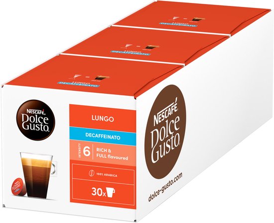 NESCAFÉ Dolce Gusto Lungo Decaffeinato koffiecups in oranje verpakking.