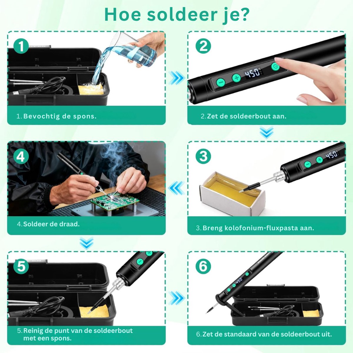 HEZIVO® Draadloze Soldeerbout set - Soldeerstation Compleet - Reparaties en Elektronica - Instelbare Temperatuur - Met 3 Soldeerpunten - 180-450 °C – foto 5