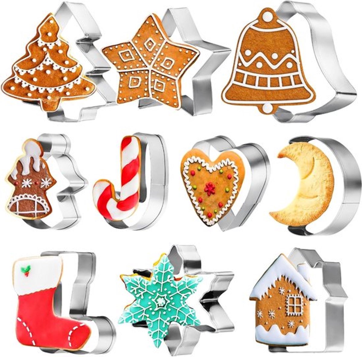 Uitsteekvormpjes Set van 10 voor Kerstbakken met Kerstboom, Peperkoekman en Sneeuwvlok