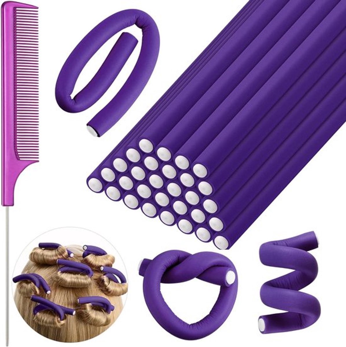 Flexibele Krulstaven Twist Schuim Haarrollers - 30 Stuks - Paars - Voor Lang en Kort Haar
