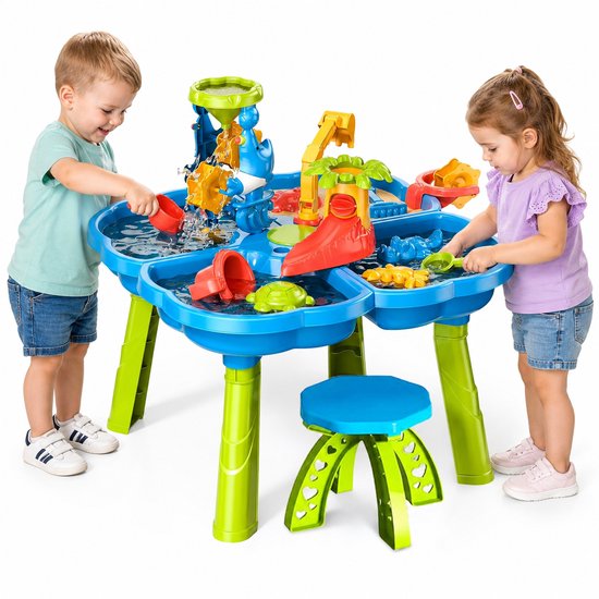 Kuddo Table à eau – Table à sable et à eau avec moulin à eau, toboggan et tabouret – Jouet d'extérieur table à sable – Jouet aquatique avec accessoires