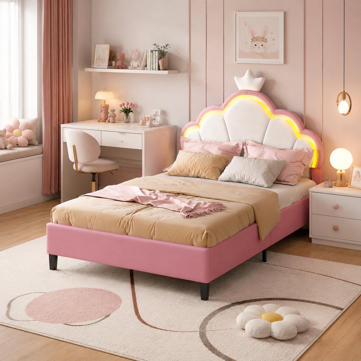 MEXUS Kinderbed 90x200 cm, eenpersoonsbed, met ledverlichting en verstelbaar hoofdeinde, kroonpatroon, meisjesbed, bedframe - Flanel Roze (matras niet inbegrepen)