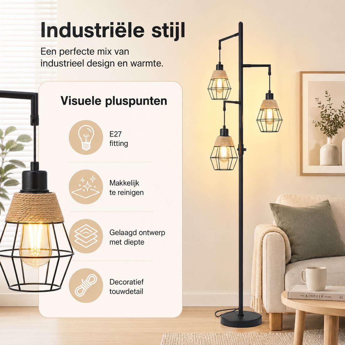 Rosnek Industriële Vloerlamp met 3-Lichts - Zwarte Staande Lamp - Vintage Metalen Leeslamp voor Woonkamer - Traploos Dimbaar - Lampadaire Industriel - Inclusief 3 LED Lampen thumbnail 5