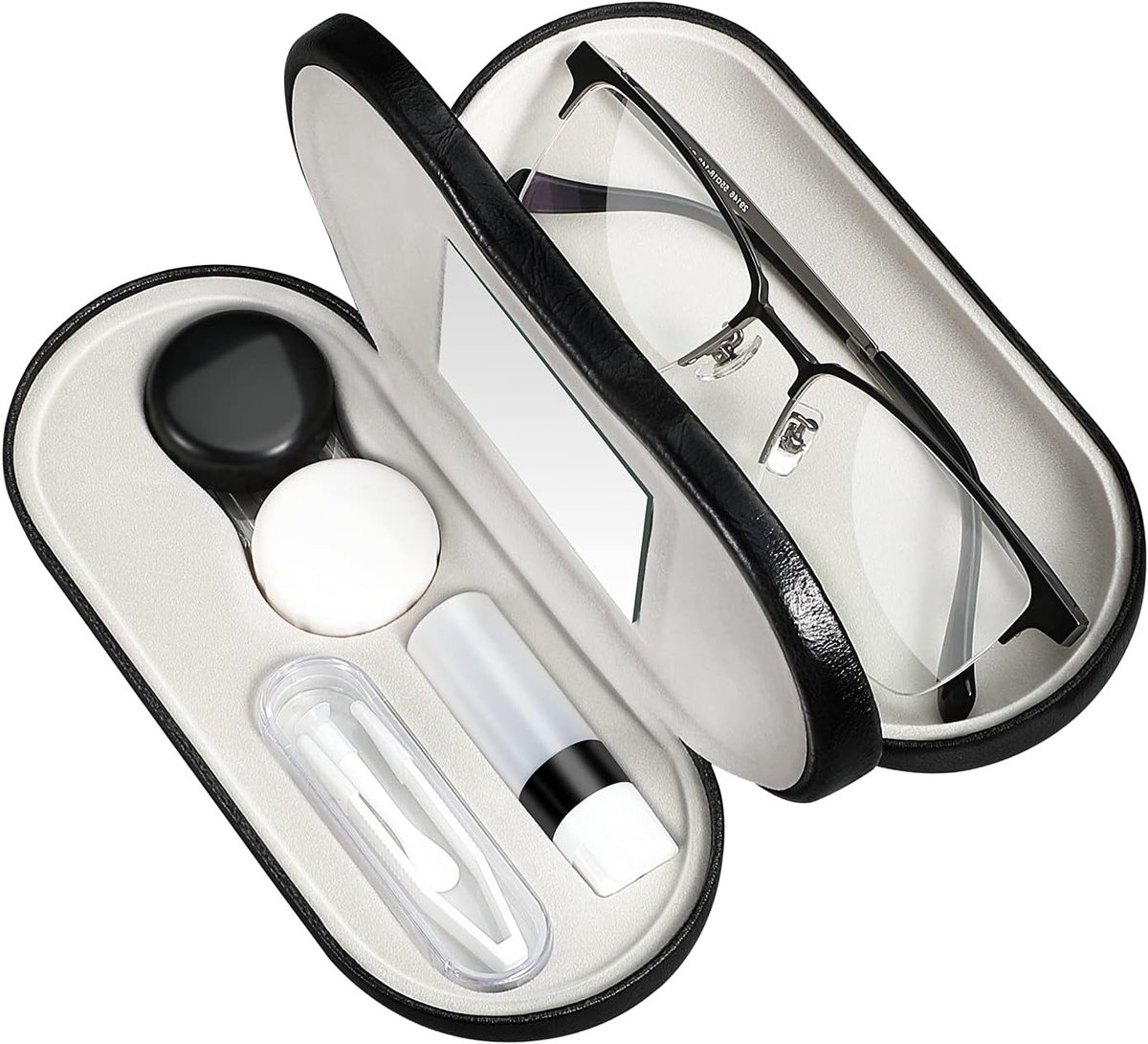Draagbare brillenkoker met spiegel, pincet en zuignap - 2-in-1 contactlenshouder voor brillen en contactlenzen, zwart, ideaal voor lezen en onderweg