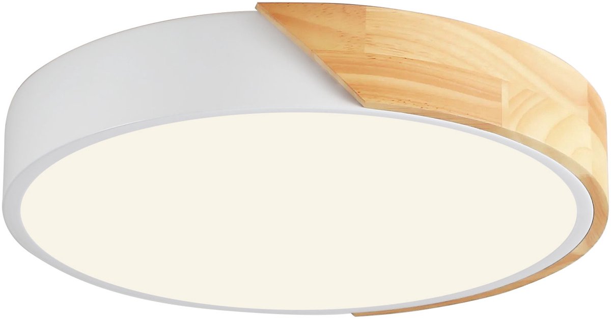 Lemlit Houten LED Plafondlamp 32 cm - Moderne Plafondverlichting met Houtlook Frame - 25W 2500 lm 3000K Warm Wit - voor Woonkamer Hal Thuiskantoor en Veranda - Wit Naturel