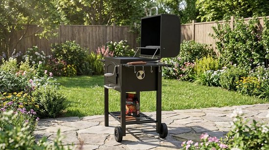 Houtskoolbarbecue Grillwagen 3-in-1 met Rookoven & Warmhoudrooster - House&Garden Premium Tuingrill met Deksel, Zijplanken, Aslade, Wielen & Verstelbare Houtskoolbak - Grote BBQ 124x66x112 cm - Zwart Metaal/Gietijzer — afbeelding 3