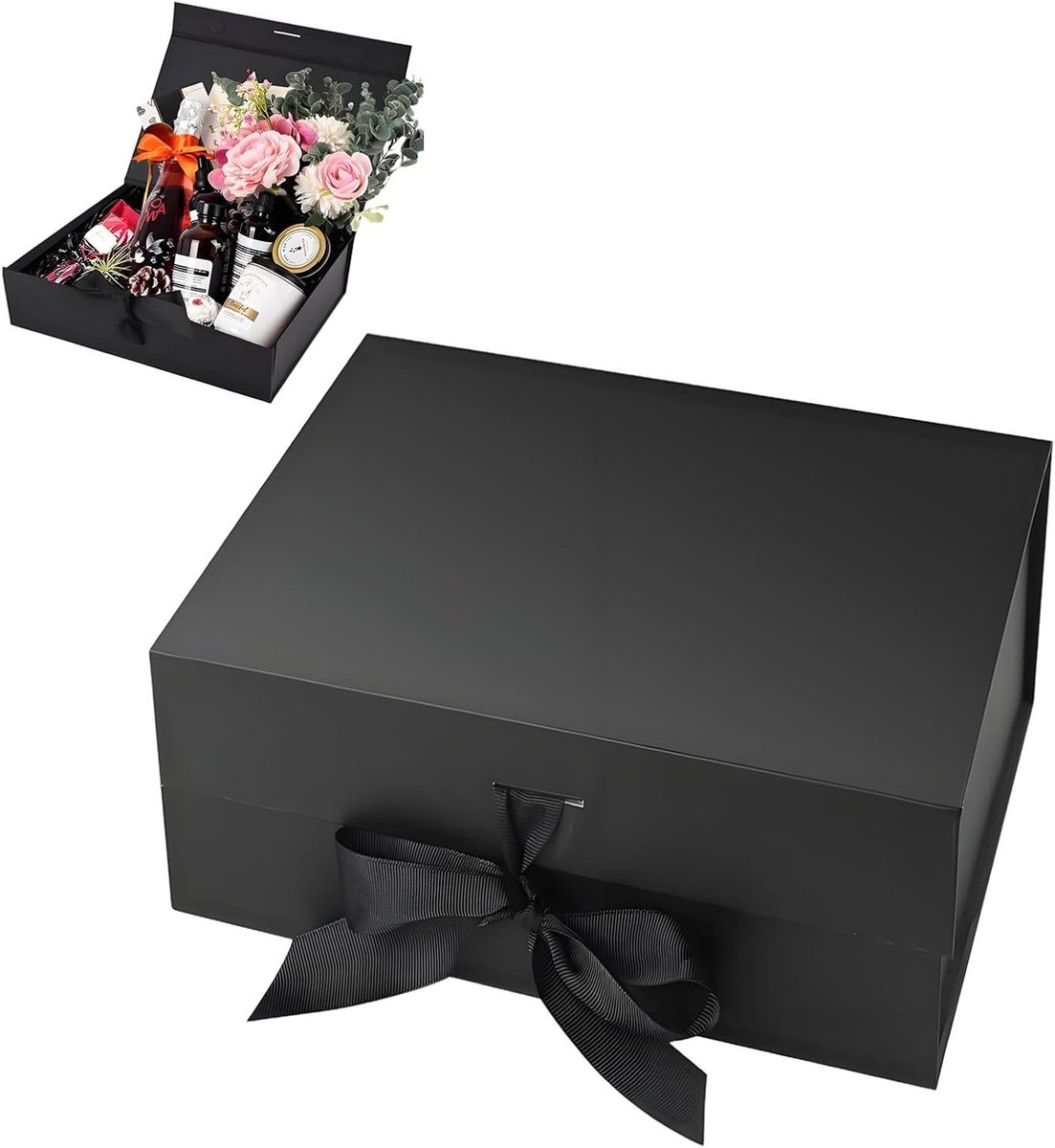 Opvouwbare geschenkdoos met strik en magnetisch deksel, ideaal voor bruiloften, verjaardagen en Kerstmis, 23 x 17 x 7 cm, elegant zwart