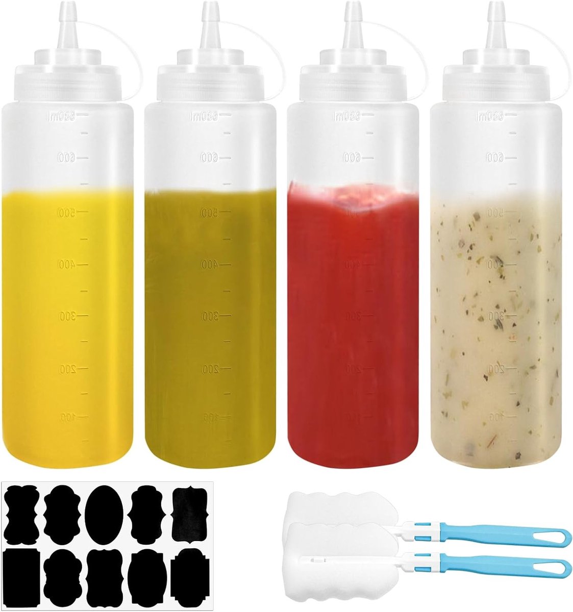 Set van 4 Herbruikbare Squeeze Flessen van 680ml voor Sauzen, Ketchup en Olie met 2 Schoon