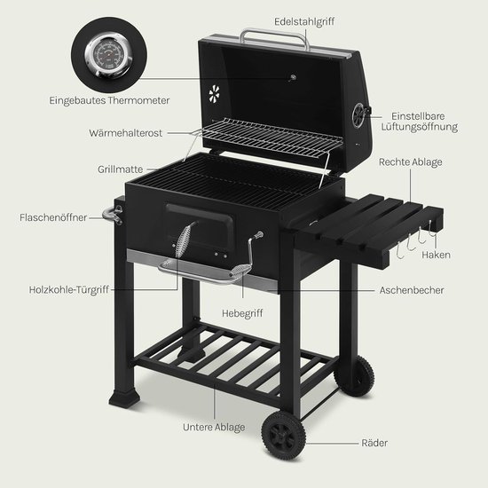 Houtskool Barbecue Grillwagen XXL - House&Garden Smoker BBQ met Deksel, Thermometer, Verstelbare Kolenbak, Rookfunctie, Dubbel Grillrooster, Zijtafel, Wielen & Aslade - Outdoor Tuinbarbecue 117x107x71 cm Zwart — afbeelding 2