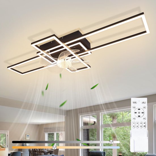 Luminaires carrés et rectangulaires noirs avec ventilateur intégré, avec éclairage et flux d'air, contrôlés par une télécommande.