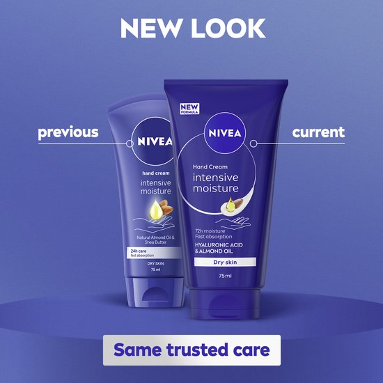 Twee Nivea Hand Cream tubes, 'previous' en 'current', met de tekst 'NEW LOOK' en 'Same trusted care'.