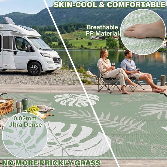 GOTGELIF Buitentapijt 270x370 cm - Outdoor Rug, Water- & Slijtvast, Omkeerbaar, Plastic Stro, Voor Patio, Tuin, Camping & Camper - Groen Bladeren Patroon — afbeelding 2