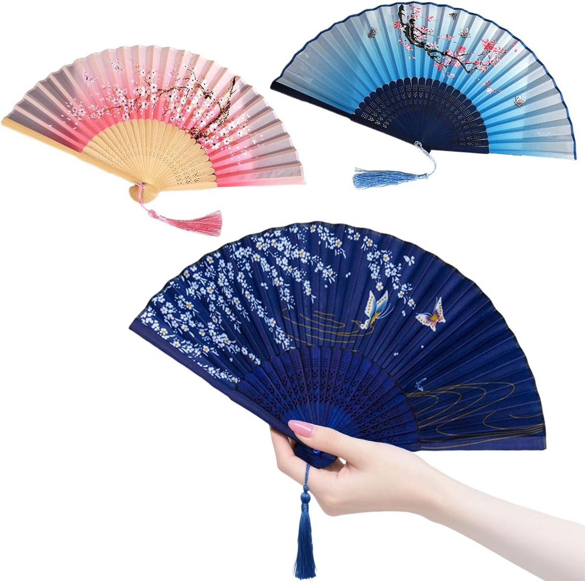 Bamboe Vouwfan Set van 3 - Lichtgewicht, Vouwbaar en Decoratief voor Zomer, Bruiloften en Kostuums - Perfecte Cadeau voor Vrouwen en Kinderen