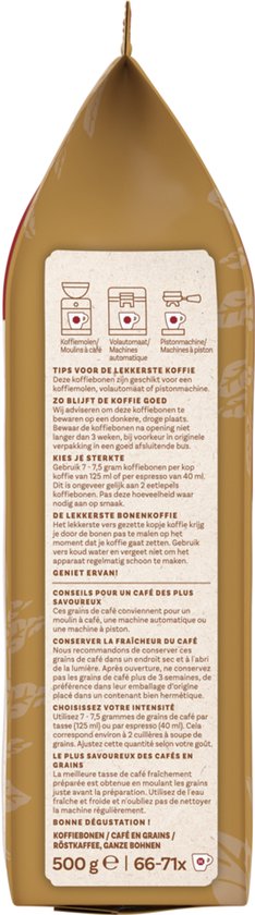 Achterkant van een Douwe Egberts Excellent Gold koffieverpakking met bereidingsinstructies en bewaartips.