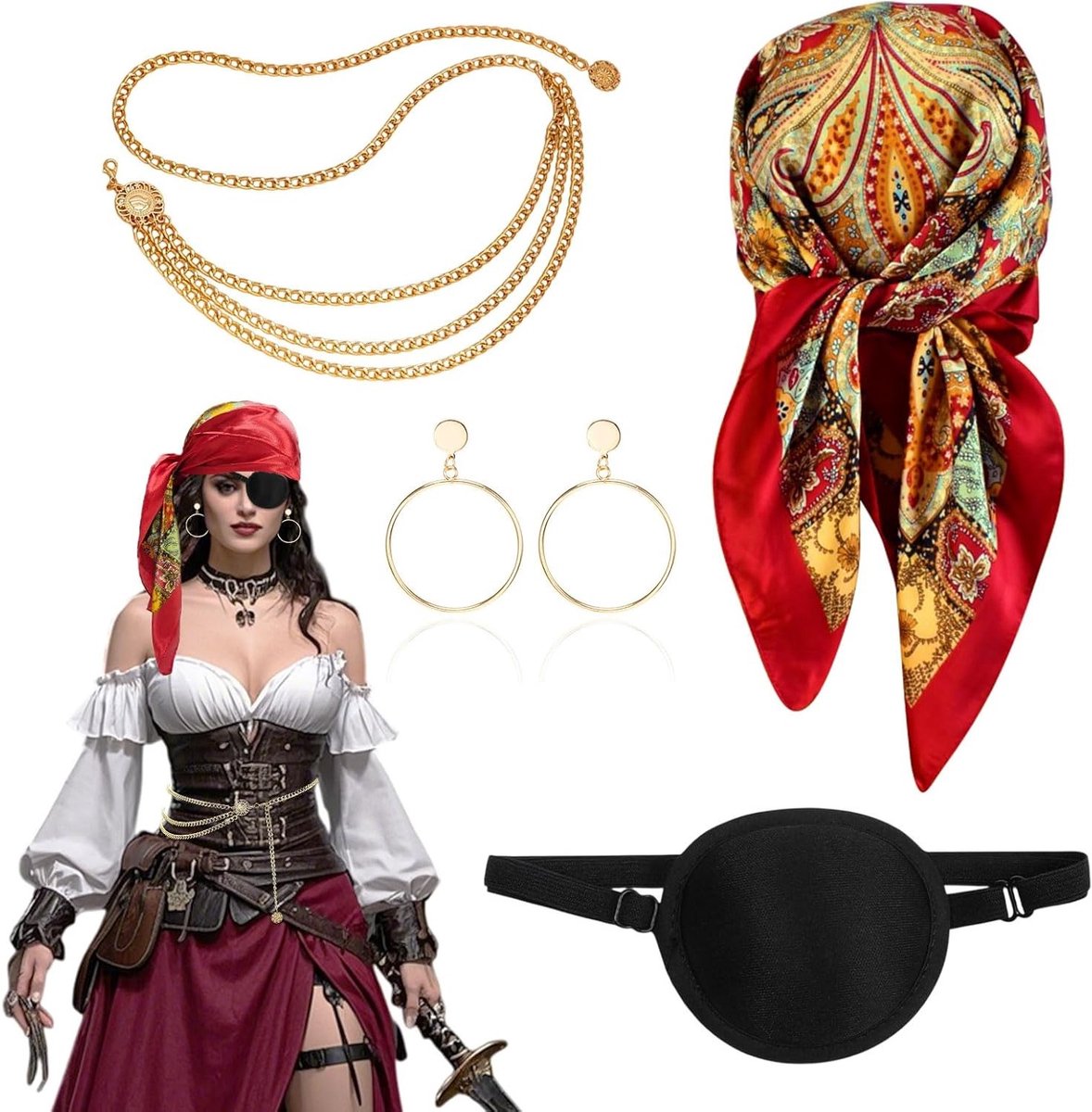 Piratenkostuum voor Volwassenen met Hoofdband, Oogmasker, Tailleketting en Oorbellen voor Halloween en Cosplay Feestjes