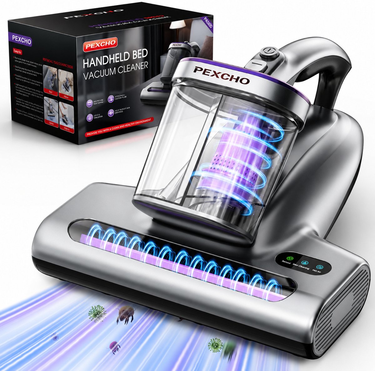 PEXCHO Tapijt Reiniger-Huisstofmijt Stofzuiger-UV Lamp Sterilisator-500W-15000PA-HEPA Filter-Bacterie, Mijt & Schimmel Bestrijder-Zonder Zak
