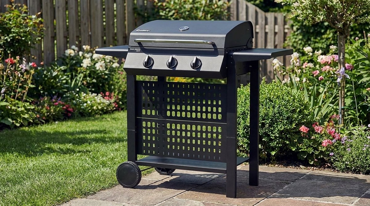 Gasbarbecue 3 Branders met Thermometer en Zijtafels - House&Garden Compact BBQ Grill op Gas - RVS Grillrooster, Warmhoudrek & Vetopvangbak - Camping & Balkon Gasbarbecue Buitenkeuken