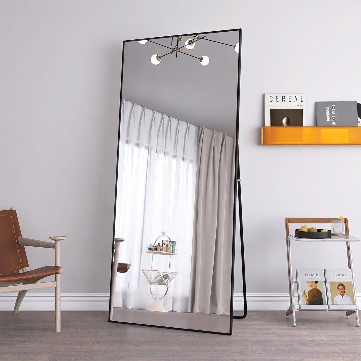 Staande spiegel 180x80cm, grote spiegel met zwart aluminium frame, grote wandspiegel (staand of hangend) voor woonkamer en slaapkamer