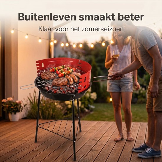 Cheqo® Houtskoolbarbecue op Poten - Staande Barbecue met Windscherm en Chromen Grillrooster - Houtskoolgrill - Halfopen BBQ voor Tuin en Balkon - Houtskool Grill - Camping Barbecue - Tuinbarbecue - Kolen BBQ - met Onderrek - Zwart van Cheqo — afbeelding 4