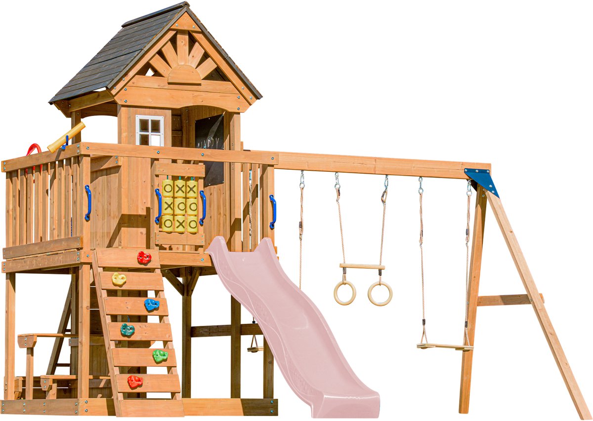 AXI Jack Speeltoestel met Dubbele Schommel en Trapeze Bruin – Pastel Roze Glijbaan – Zandbak, Picknicktafel, Speelkeuken en Klimwand – Telescoop en Stuur - FSC hout - Speelhuis op palen voor de tui
