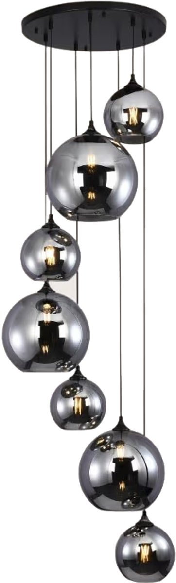 Lusenz Arcylon - Hanglamp hal hoog plafond - Zeven bollen - Smoke glas - E27 fitting - Dimbaar - Moderne hanglamp - Plafondlamp hal - Hoogte verstelbaar