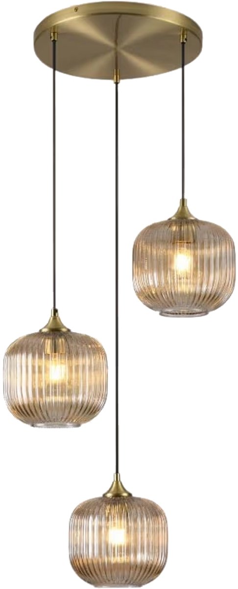 Lusenz - Hanglamp eettafel - 3 lichts amber glas - Design hanglamp - E27 Fitting - Dimbaar - Voor Eetkamer, gang, woonkamer, slaapkamer - Hoogte verstelbaar - Modern - Gouden hanglamp