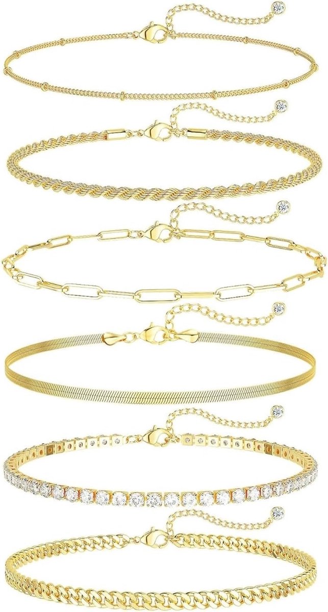 Elegante Waterdichte Enkelband voor Vrouwen met Gelaagde Cubaanse Schakelketting en 14K Goudplating - Zesdelige Set