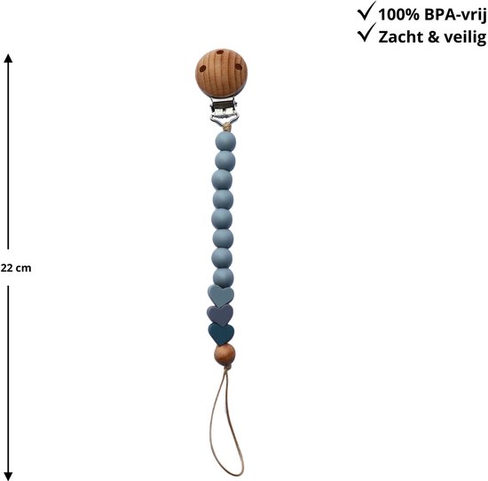 Zibbi Little Hearts Speenkoord Sage Blue - Luxe Siliconen Speenclip - BPA Vrij van Zibbi — afbeelding 3