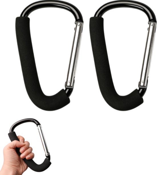 Twee zwarte XL kinderwagenhaken met schuimrubberen handvatten, naast een afbeelding van een hand die een haak vasthoudt.