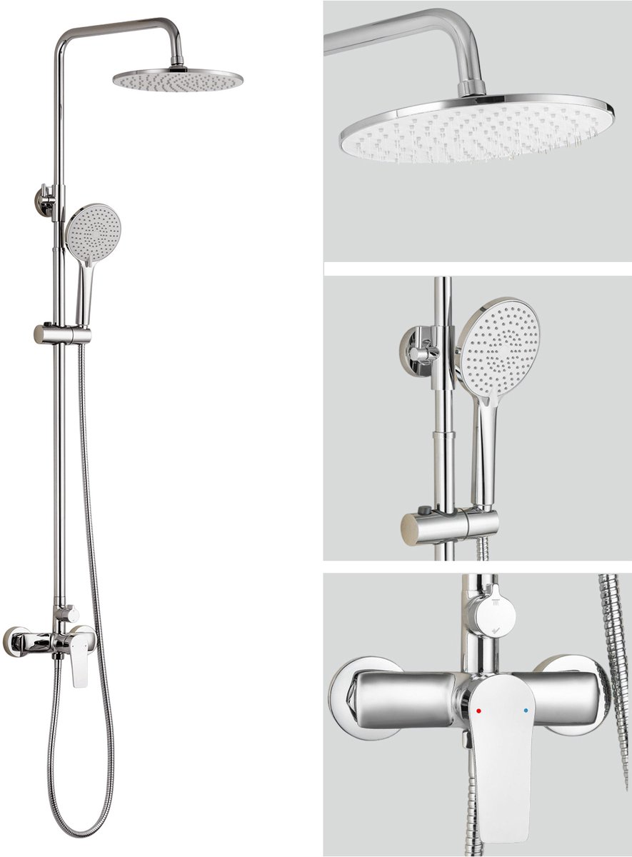 Auralum Max Regendouche met Douchekraan - Doucheset - Ø 25 cm Douchekop - Met 3 stralen Handdouche - Regendoucheset - Verstelbare Hoogte 93-130 cm - Waterbesparend - Chroom