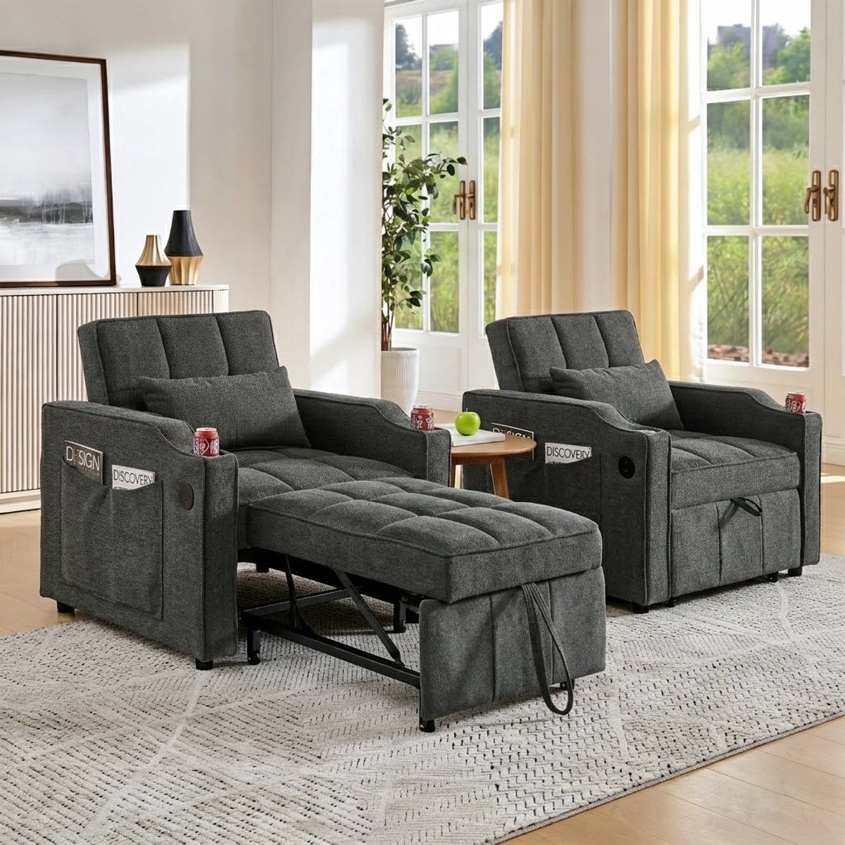 Slaapbank - 3-In-1 Multifunctioneel - 190 cm Slaapoppervlak - USB & Type-C - Donkergrijs