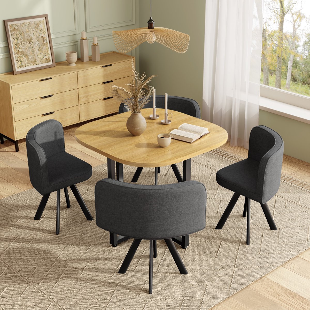 Sweiko Set tafel en stoelen - Inclusief eettafel (85 x 85 cm) - 4 linnen eetkamerstoels - Eikenhouten afwerking - Grijs