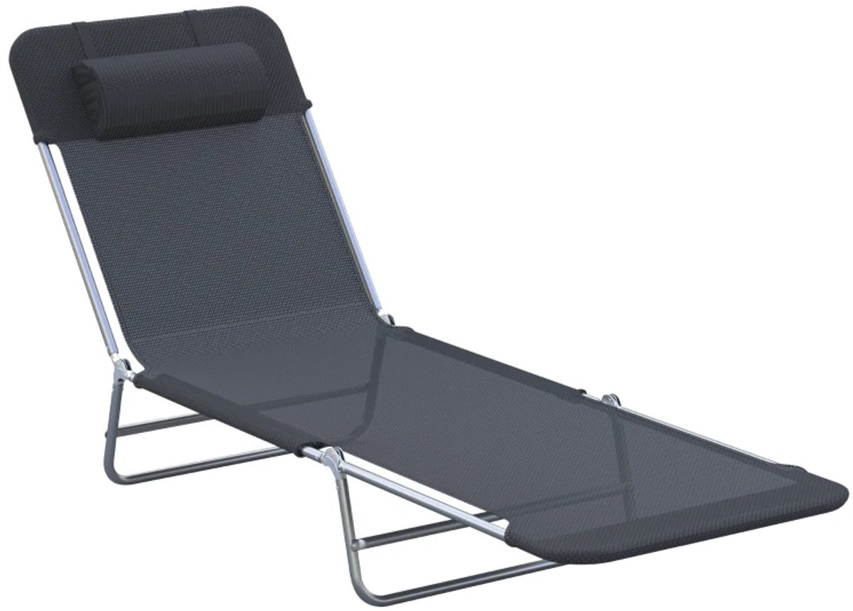 Opklapbare Ligbed met Hoofdsteun - Ligstoel met 4-standen Verstelbare Rugleuning - Tuinstoel - Strandstoel - Campingligstoel - tot 120 kg - Zonnebed - Relaxstoel voor Tuin, Terras, Zwembad & Balkon - Zwart
