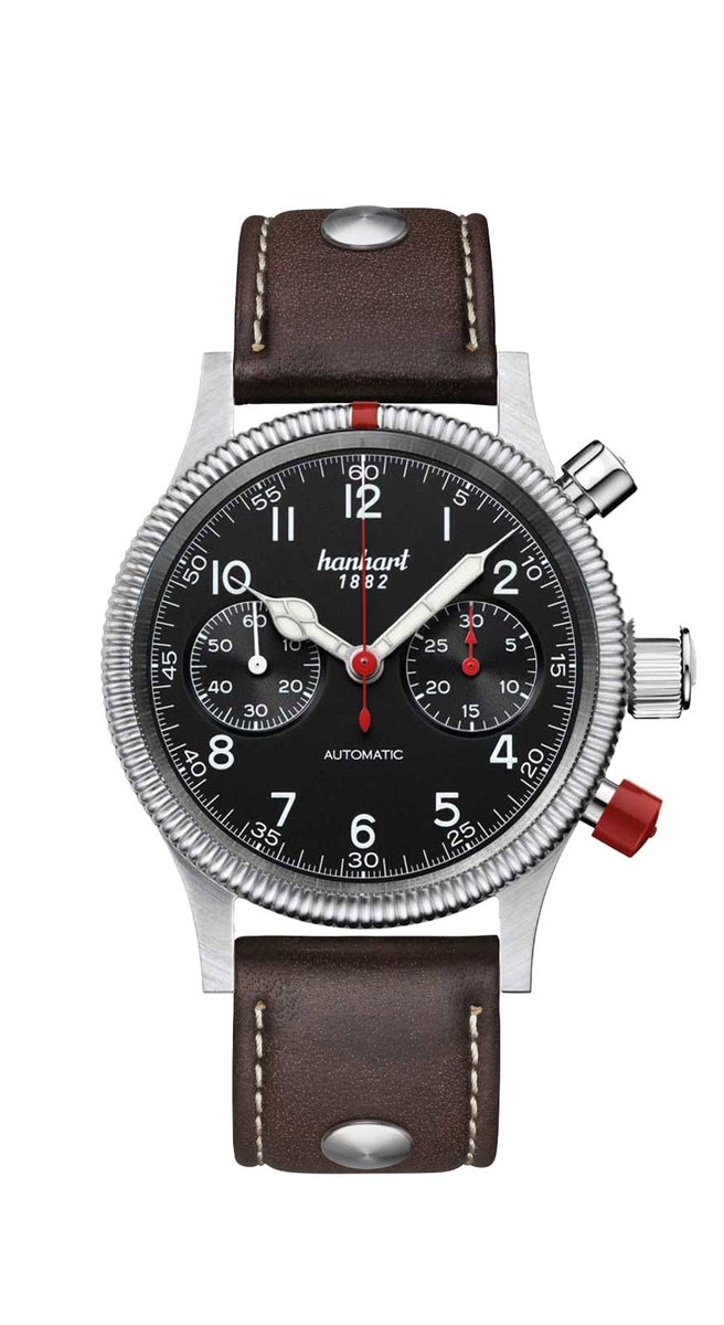 Hanhart Pioneer Mk II - Horloge Zwart - donkerbruine band - 40 mm