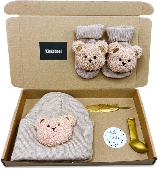 Kraamcadeau Brievenbuspakket Bruine muts + sok - felicitatie zwangerschap, kraamcadeau unisex - 3 kleuren - geboortegeschenk — afbeelding 3