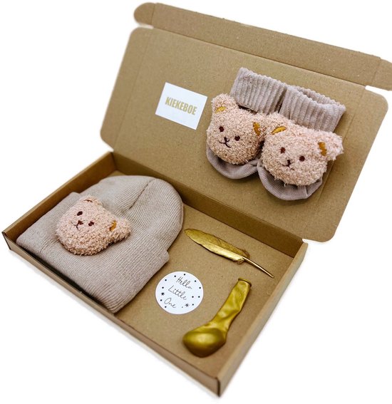 Kraamcadeau Brievenbuspakket Bruine muts + sok - felicitatie zwangerschap, kraamcadeau unisex - 3 kleuren - geboortegeschenk — afbeelding 2