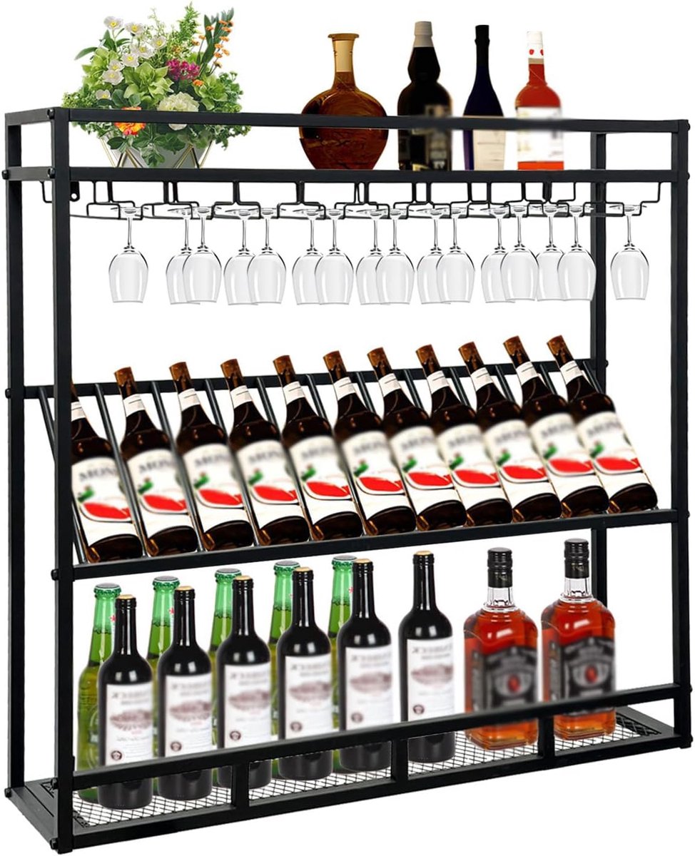 Plafondwijnrek, hangend wijnglas, decoratief rek, instelbare hoogte, metaal, industriële wijnflessenopslagstang met plank, voor barkeuken en restaurant, wijnkelder (zwart, 140 cm)