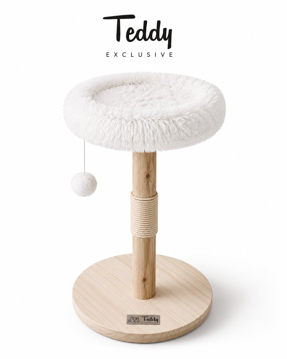 Teddy Exclusive Krabpaal Tommie – Luxe Kattenkrabpaal van Massief Hout met Ergonomisch Kussen – Voor Kleine en Grote Katten – H75 x Ø45 cm – Wit/Bruin