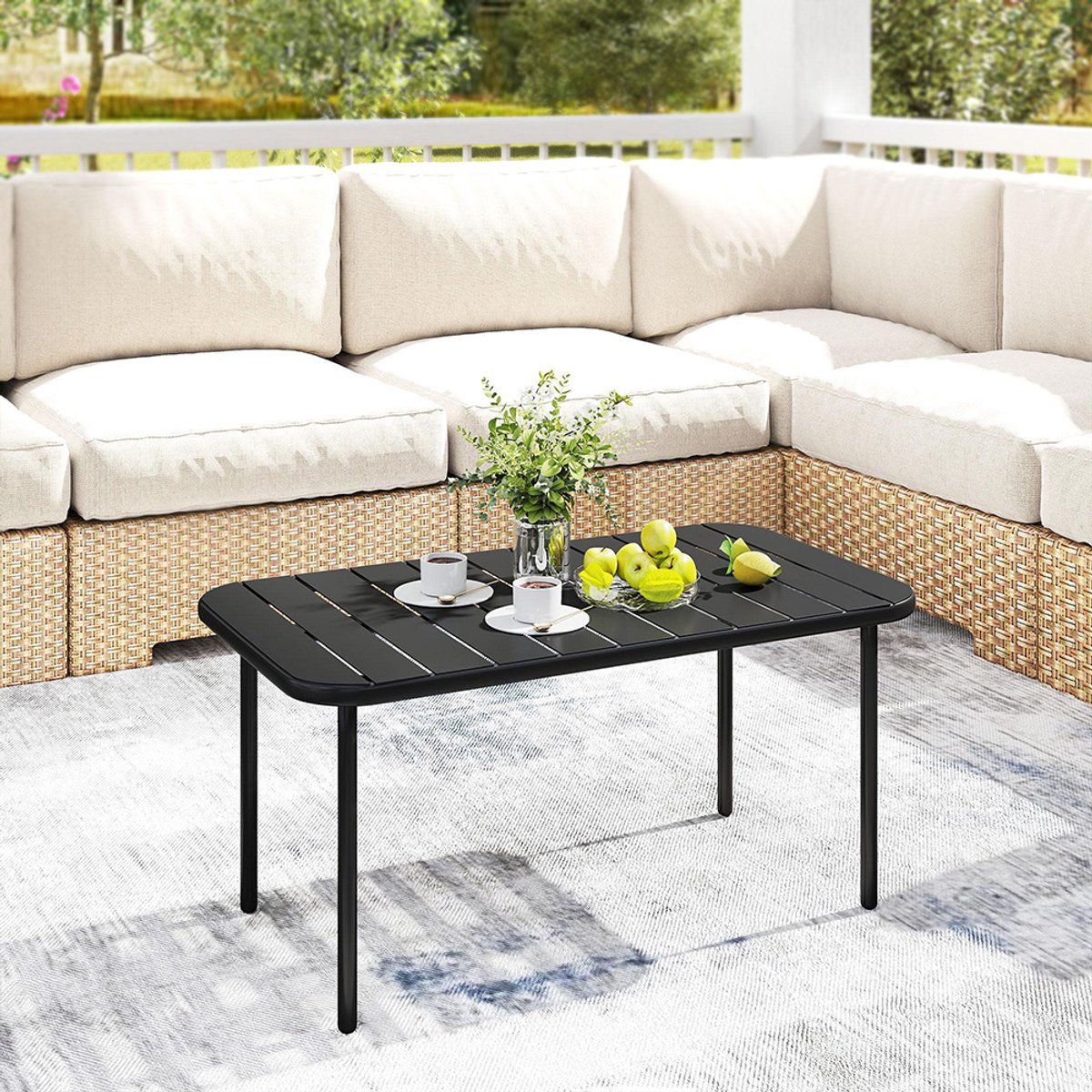 Pugsdrly Outdoor salontafel, weerbestendige rechthoekige metalen terrastafel met lamellenblad voor buiten
