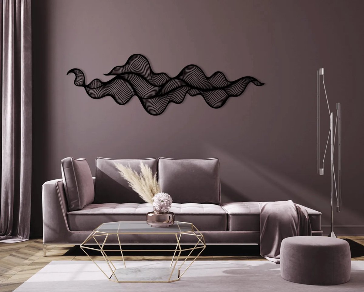 Abstracte Houten Wanddecoratie 90x45 cm – Moderne Zwarte Muurdecoratie Wave Design voor Woonkamer