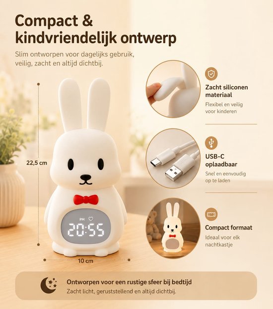 Goldenberry® Konijn Kinderwekker & Nachtlampje - Dimbaar Licht - USB-C Oplaadbaar - Zachte Slaaphulp voor Kinderen & Peuters - Slaaptrainer van Merkloos — afbeelding 3