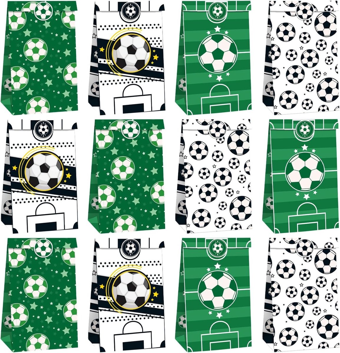 12 Voetbal Feesttassen, Verjaardagszakken met 4 Patronen en 18 Stickers, Cadeautassen voor Kinderen, Jongens en Meisjes, Ideaal voor Voetbalfeestjes en Verjaardagsvieringen