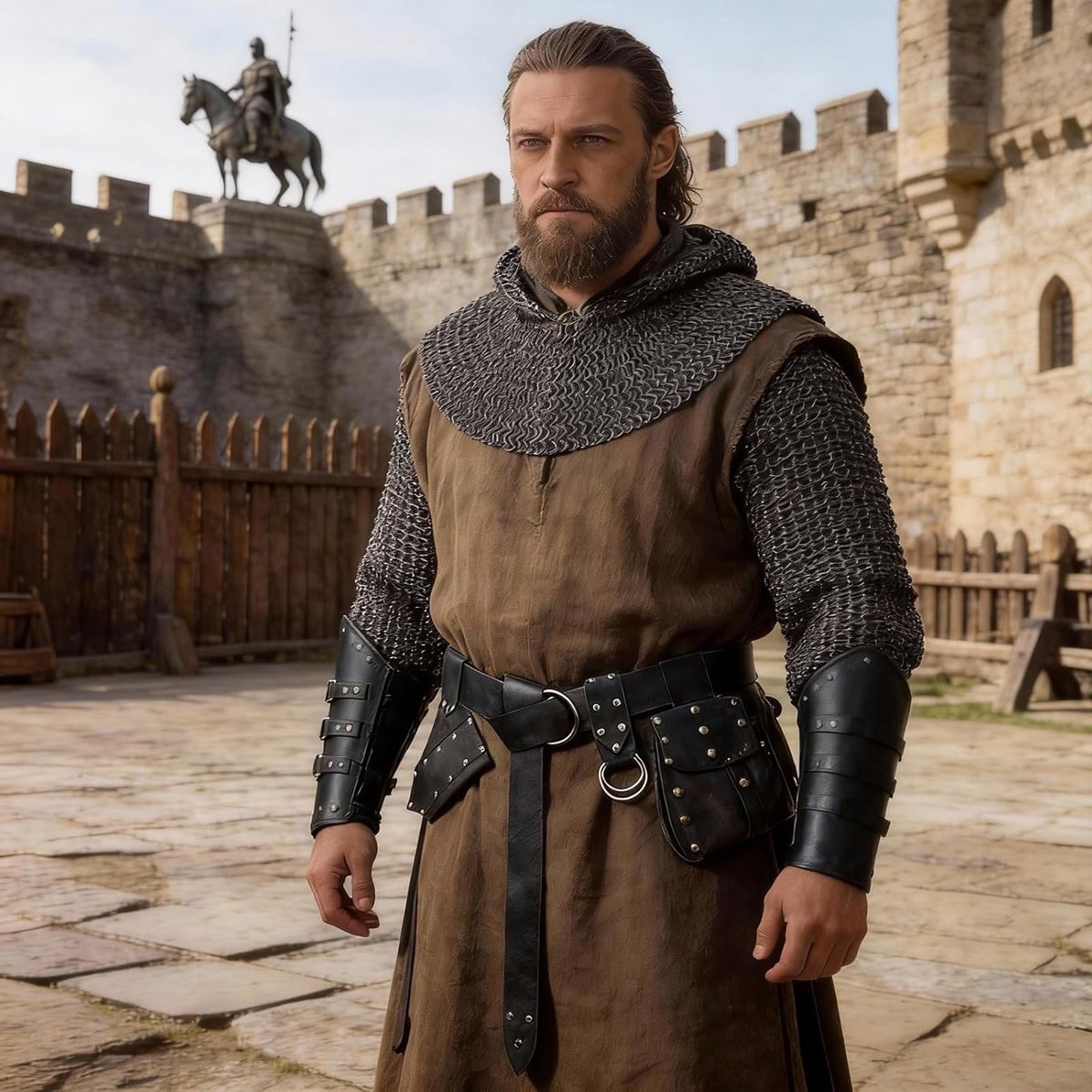 Medieval Kostuum voor Mannen en Vrouwen met Accessoires Set - Ridders Kostuum met Ceintuur, Zwaardhouder en Armrails voor Vintage Renaissance Cosplay en Viking Outfit